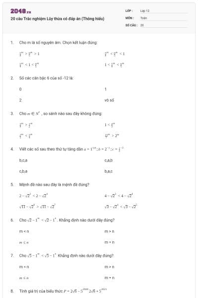 20 câu Trắc nghiệm Lũy thừa có đáp án (Thông hiểu)