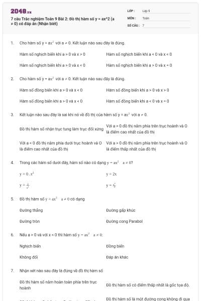 7 câu Trắc nghiệm Toán 9 Bài 2: Đồ thị hàm số y = ax^2 (a ≠ 0) có đáp án (Nhận biết)