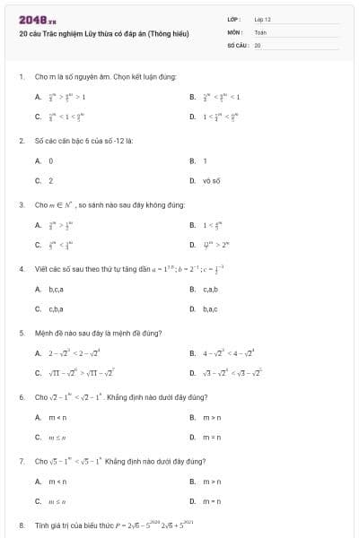 20 câu Trắc nghiệm Lũy thừa có đáp án (Thông hiểu)