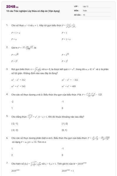10 câu  Trắc nghiệm Lũy thừa có đáp án (Vận dụng)