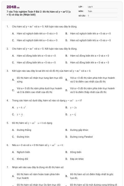 7 câu Trắc nghiệm Toán 9 Bài 2: Đồ thị hàm số y = ax^2 (a ≠ 0) có đáp án (Nhận biết)