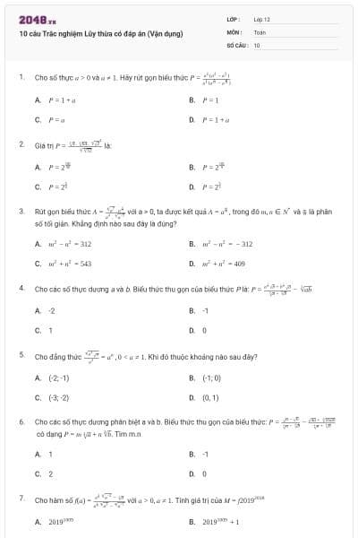10 câu  Trắc nghiệm Lũy thừa có đáp án (Vận dụng)