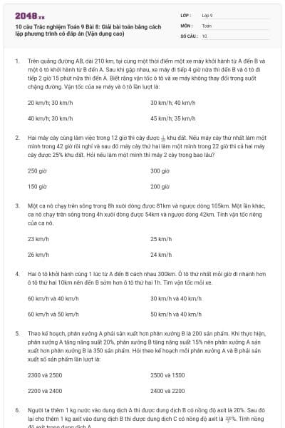 10 câu Trắc nghiệm Toán 9 Bài 8: Giải bài toán bằng cách lập phương trình có đáp án (Vận dụng cao)