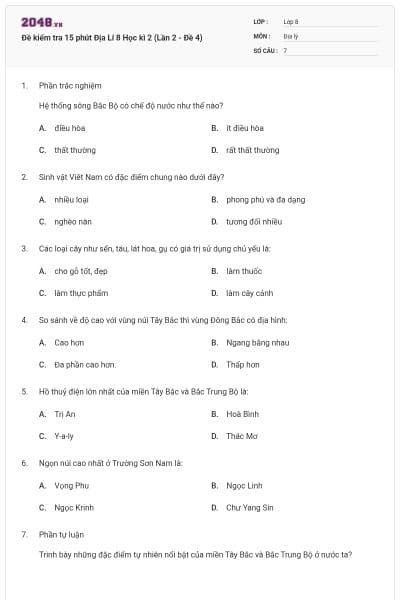 Đề kiểm tra 15 phút Địa Lí 8 Học kì 2 (Lần 2 - Đề 4)