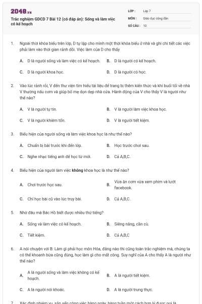 Trắc nghiệm GDCD 7 Bài 12 (có đáp án): Sống và làm việc có kế hoạch