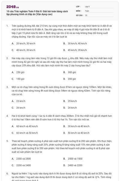 10 câu Trắc nghiệm Toán 9 Bài 8: Giải bài toán bằng cách lập phương trình có đáp án (Vận dụng cao)