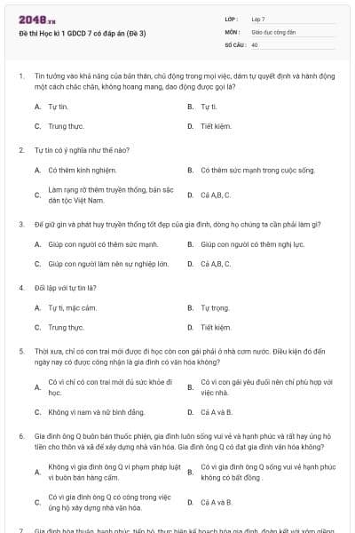 Đề thi Học kì 1 GDCD 7 có đáp án (Đề 3)