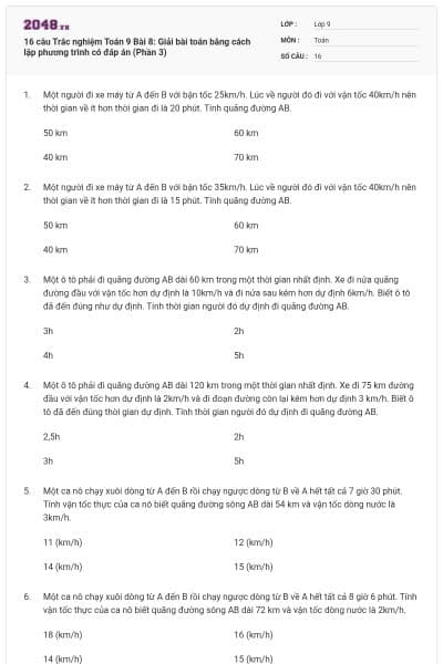 16 câu Trắc nghiệm Toán 9 Bài 8: Giải bài toán bằng cách lập phương trình có đáp án (Phần 3)