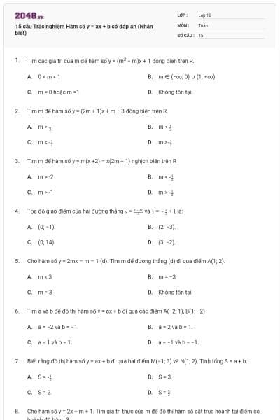 15 câu Trắc nghiệm Hàm số y = ax + b có đáp án (Nhận biết)