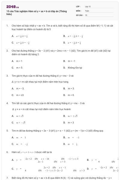 15 câu Trắc nghiệm Hàm số y = ax + b có đáp án (Thông hiểu)