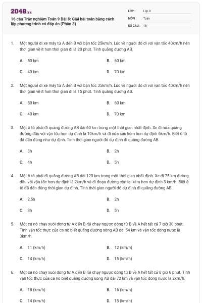 16 câu Trắc nghiệm Toán 9 Bài 8: Giải bài toán bằng cách lập phương trình có đáp án (Phần 3)