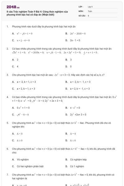 8 câu Trắc nghiệm Toán 9 Bài 4: Công thức nghiệm của phương trình bậc hai có đáp án (Nhận biết)