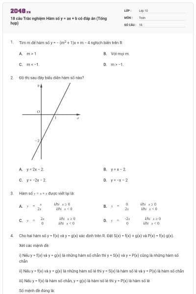 18 câu Trắc nghiệm Hàm số y = ax + b có đáp án (Tổng hợp)