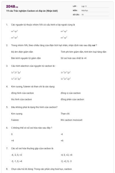 19 câu Trắc nghiệm Cacbon có đáp án (Nhận biết)