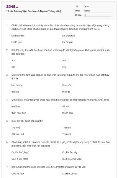 12 câu Trắc nghiệm Cacbon có đáp án (Thông hiểu)