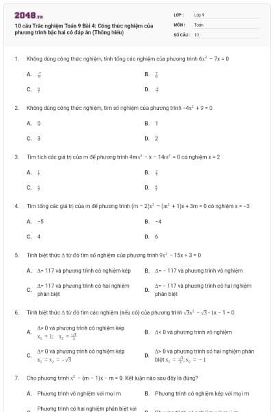 10 câu Trắc nghiệm Toán 9 Bài 4: Công thức nghiệm của phương trình bậc hai có đáp án (Thông hiểu)