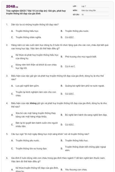 Trắc nghiệm GDCD 7 Bài 10 (có đáp án): Giữ gìn, phát huy truyền thống tốt đẹp của gia đình