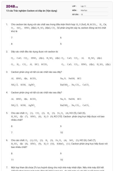 13 câu Trắc nghiệm Cacbon có đáp án (Vận dụng)