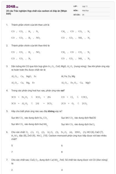 20 câu Trắc nghiệm Hợp chất của cacbon có đáp án (Nhận biết)