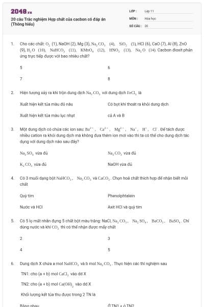 20 câu Trắc nghiệm Hợp chất của cacbon có đáp án (Thông hiểu)