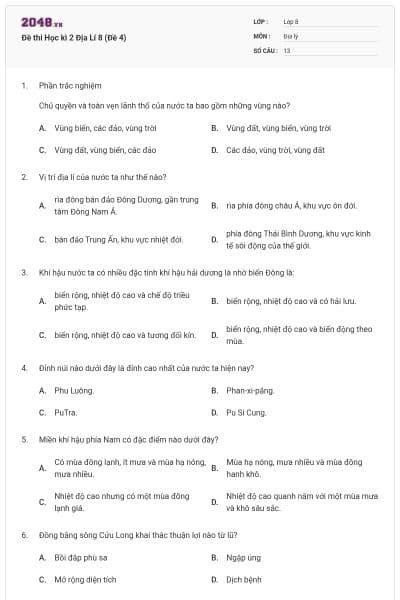 Đề thi Học kì 2 Địa Lí 8 (Đề 4)