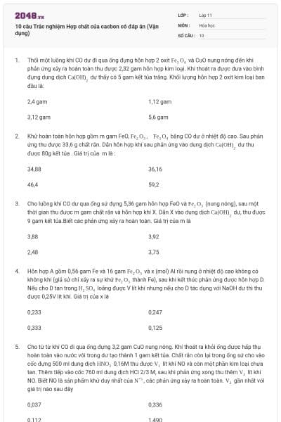 10 câu  Trắc nghiệm Hợp chất của cacbon có đáp án (Vận dụng)