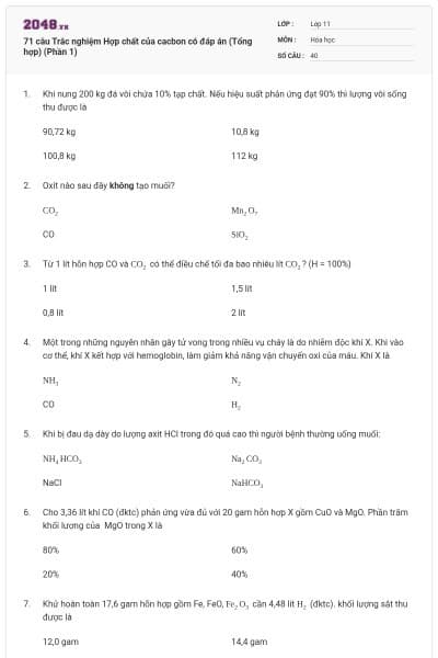 71 câu Trắc nghiệm Hợp chất của cacbon có đáp án (Tổng hợp) (Phần 1)