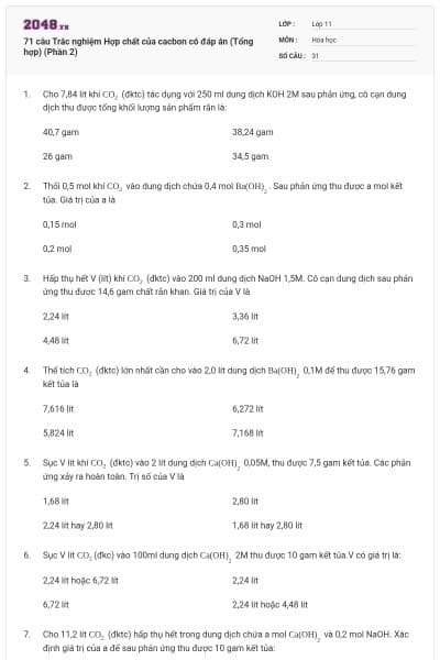 71 câu  Trắc nghiệm Hợp chất của cacbon có đáp án (Tổng hợp) (Phần 2)