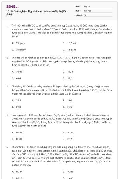 10 câu Trắc nghiệm Hợp chất của cacbon có đáp án (Vận dụng)