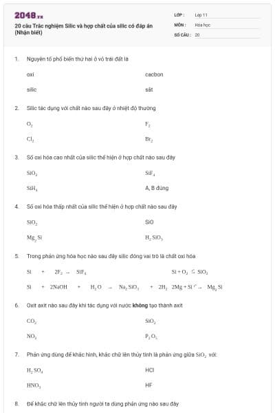 20 câu  Trắc nghiệm Silic và hợp chất của silic có đáp án (Nhận biết)