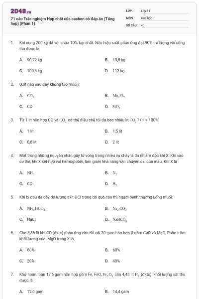 71 câu Trắc nghiệm Hợp chất của cacbon có đáp án (Tổng hợp) (Phần 1)