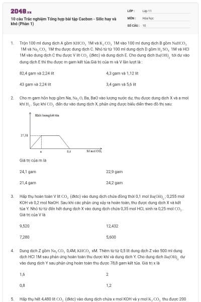 10 câu Trắc nghiệm Tổng hợp bài tập Cacbon - Silic hay và khó (Phần 1)