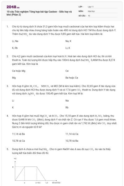 10 câu Trắc nghiệm Tổng hợp bài tập Cacbon - Silic hay và khó (Phần 2)