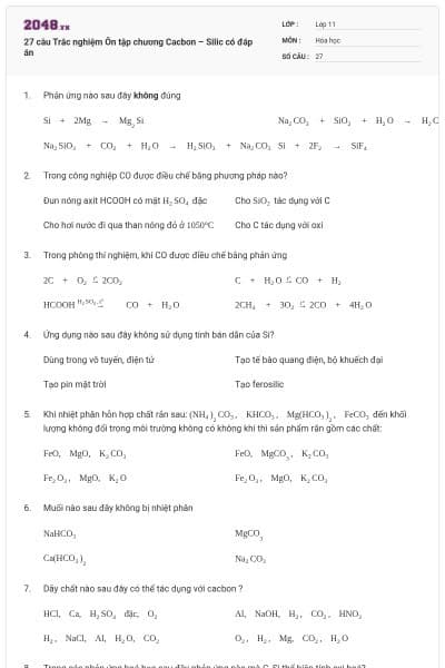 27 câu  Trắc nghiệm Ôn tập chương Cacbon – Silic có đáp án