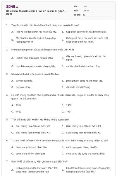 Đề kiểm tra 15 phút Lịch Sử 9 Học kì 1 có đáp án (Lần 1 - Đề 1)