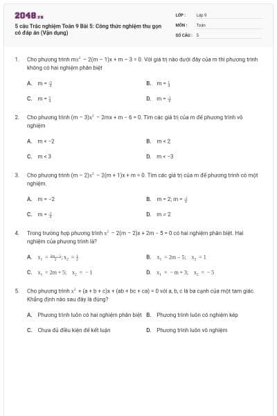 5 câu Trắc nghiệm Toán 9 Bài 5: Công thức nghiệm thu gọn có đáp án (Vận dụng)