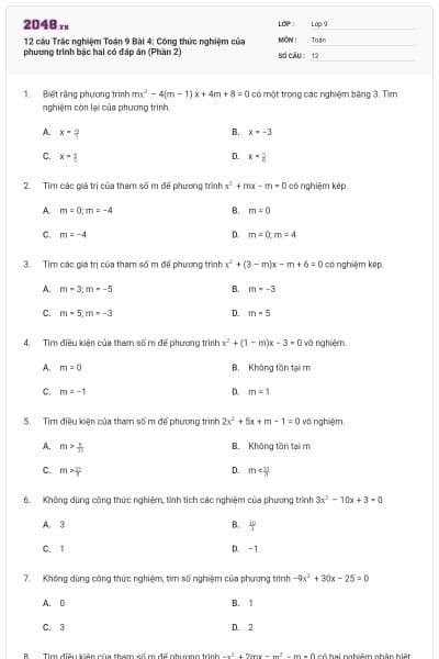12 câu Trắc nghiệm Toán 9 Bài 4: Công thức nghiệm của phương trình bậc hai có đáp án (Phần 2)