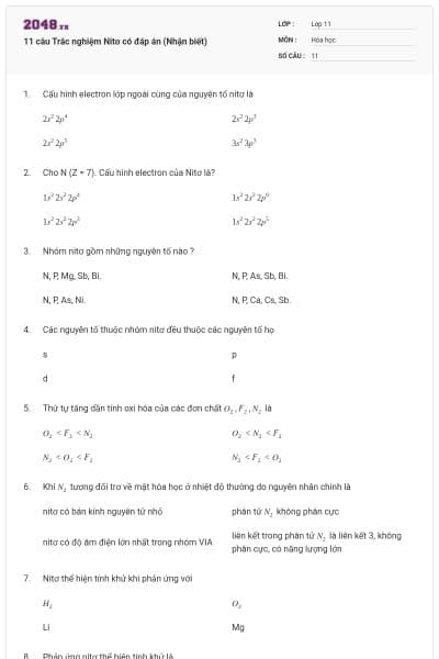 11 câu  Trắc nghiệm Nitơ có đáp án (Nhận biết)