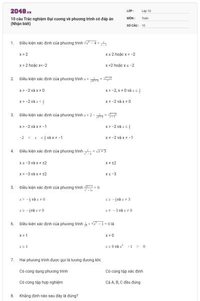 10 câu Trắc nghiệm Đại cương về phương trình có đáp án (Nhận biết)