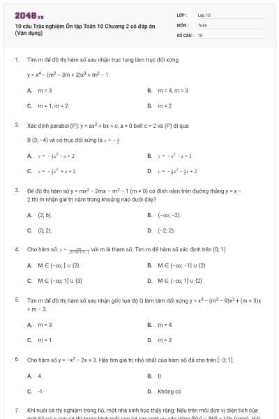 10 câu Trắc nghiệm Ôn tập Toán 10 Chương 2 có đáp án (Vận dụng)