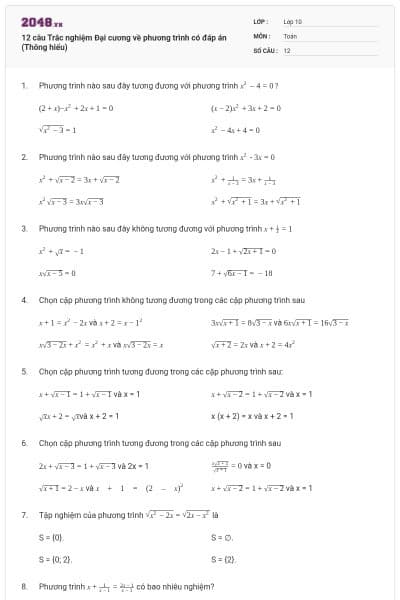 12 câu Trắc nghiệm Đại cương về phương trình có đáp án (Thông hiểu)