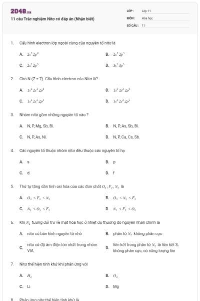 11 câu  Trắc nghiệm Nitơ có đáp án (Nhận biết)