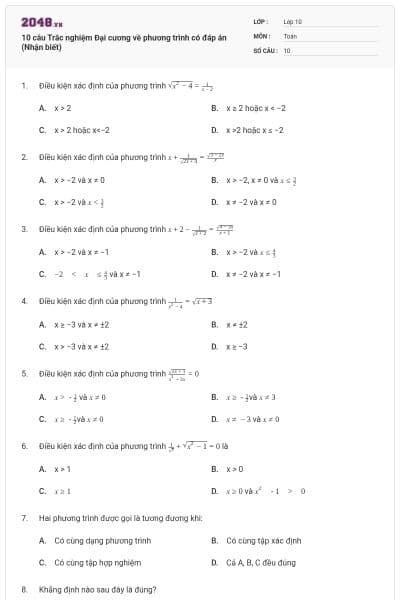 10 câu Trắc nghiệm Đại cương về phương trình có đáp án (Nhận biết)