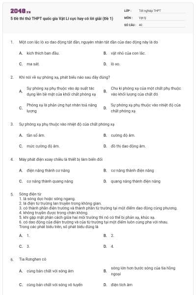 5 Đề thi thử THPT quốc gia Vật Lí cực hay có lời giải (Đề 1)