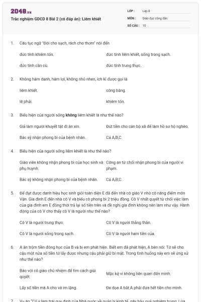 Trắc nghiệm GDCD 8 Bài 2 (có đáp án): Liêm khiết