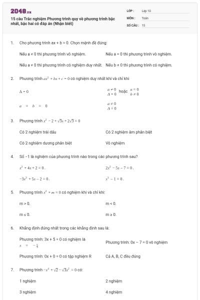 15 câu  Trắc nghiệm Phương trình quy về phương trình bậc nhất, bậc hai có đáp án (Nhận biết)