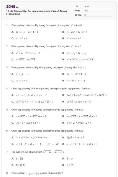 12 câu Trắc nghiệm Đại cương về phương trình có đáp án (Thông hiểu)