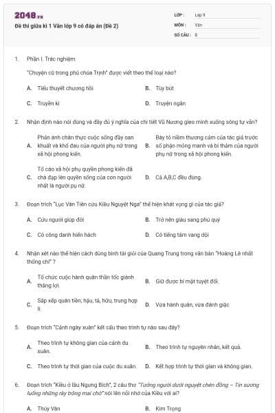 Đề thi giữa kì 1 Văn lớp 9 có đáp án (Đề 2)