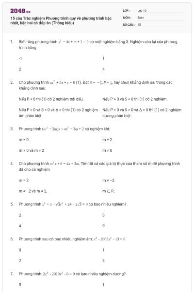 15 câu Trắc nghiệm Phương trình quy về phương trình bậc nhất, bậc hai có đáp án (Thông hiểu)