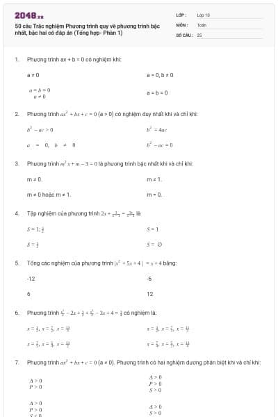 50 câu Trắc nghiệm Phương trình quy về phương trình bậc nhất, bậc hai có đáp án (Tổng hợp- Phần 1)
